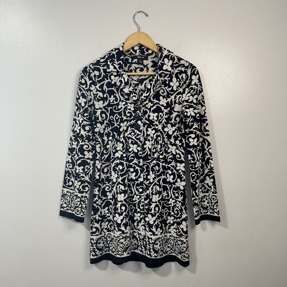 Style & Co Women's Small Floral Acrylic & Wool Black/White Long Sweater Cardigan